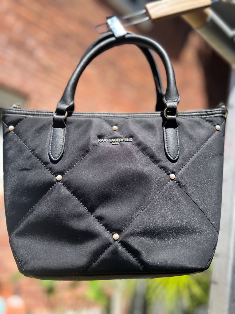 Karl Lagerfeld Black Quilted Mini Tote with Gold Stud Details